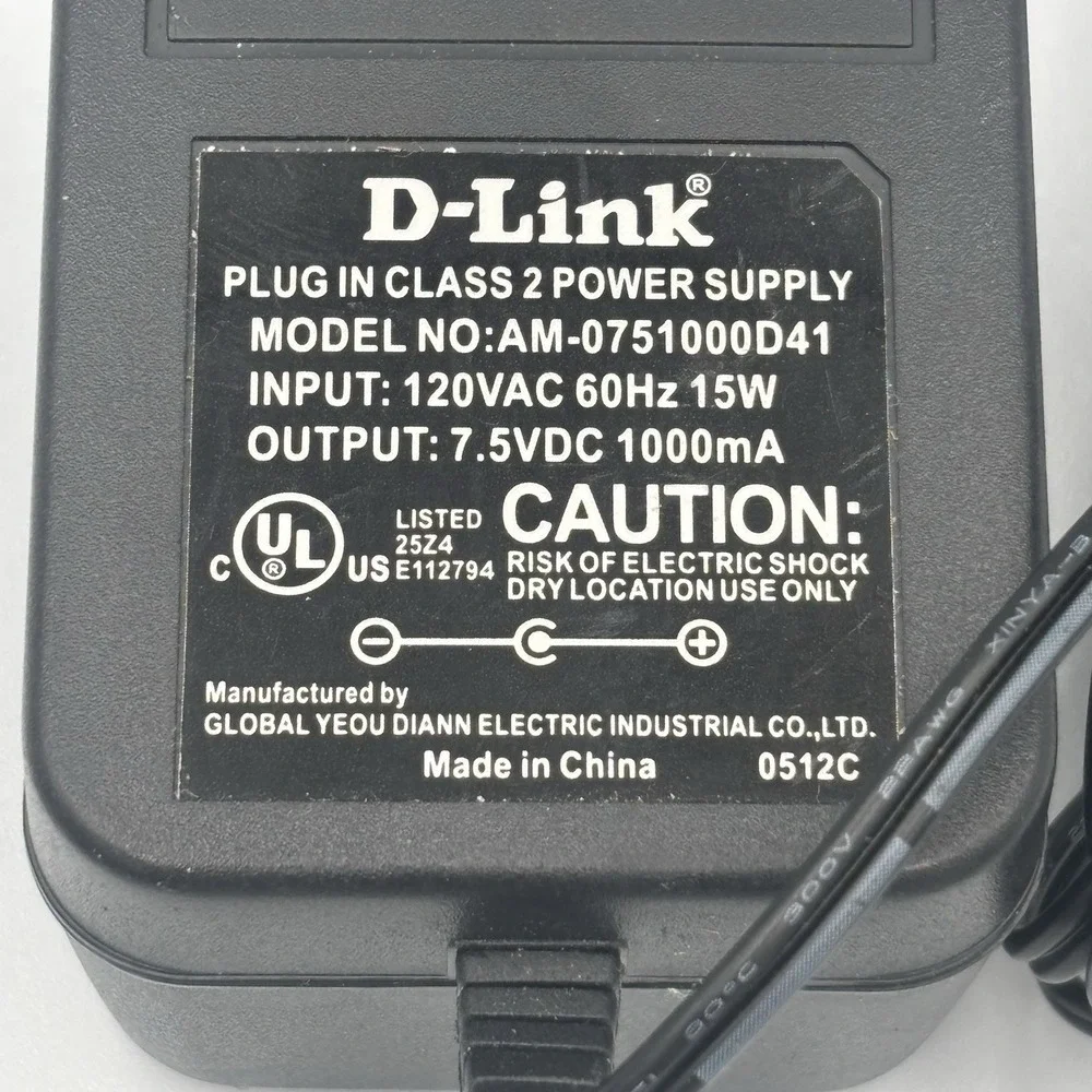 D-Link AM-0751000D41 Plug In Class 2 AC Power Supply Charger‎ Adapter 7.5VDC